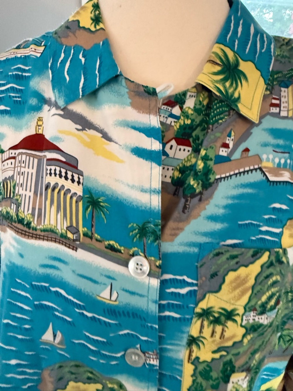 Vintage Liz Sport Women's Blue Tropical Button-Down Shirt Medium - Picture 5 of 10